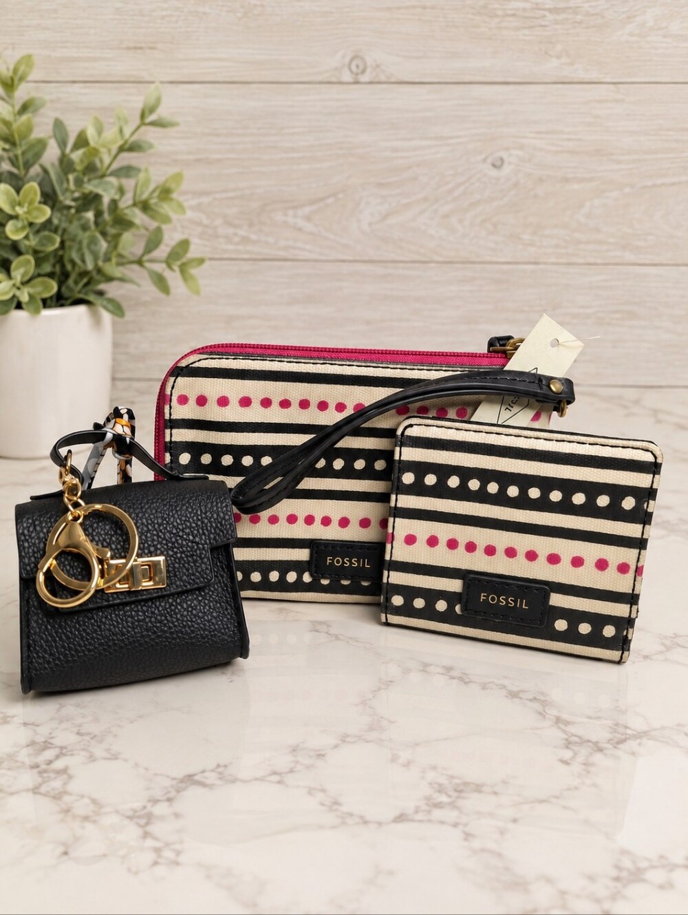 Fossil Black, Cream & Pink Striped Wallet and Wristlet + Bag Charm NWT